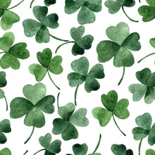 Watercolor Seamless Pattern On The Theme Of St. Patrick's Day. Green Four-leaf Clover Leaves On A White Background. Holiday Print