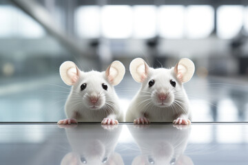 two white laboratory mice with dark eyes in on metal lab office looking in camera. testing animals a