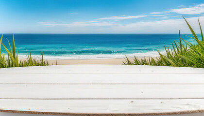 Wall Mural - empty table with view of the ocean with copy space