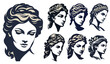 A woman's head in the style of ancient Greece and Rome, the black and white logo shows a head sculpture