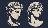 Fototapeta  - A woman's head in the style of ancient Greece and Rome, the black and white logo shows a head sculpture