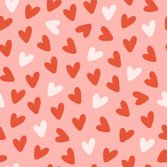 Poster - Minimalistic seamless pattern with small hearts on a pink background. Vector print for wallpaper, fabric, textile design, wrapping paper.