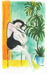 Wall Mural - woman with plants. watercolor painting. illustration