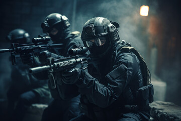 A team of military special forces infiltrating a high security facility using night vision goggles and suppressed firearms