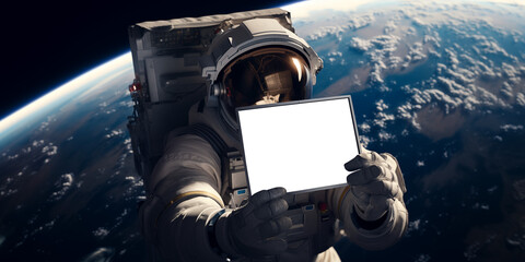 astronaut in outer space showing information on tablet