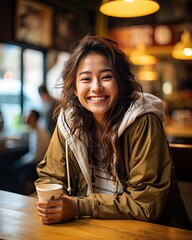 Wall Mural - Capturing a 24-year-old Asian girl in her daily routine, laughing and enjoying a moment in a cozy coffee shop. 