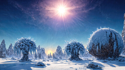 Wall Mural - view of alien cold planet full of ice crystals, beautiful landscape scenery of an another planet.