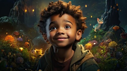 Wall Mural - In a magical forest with vibrant colors and talking animals, the boy embarking on a whimsical adventure. 