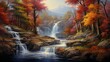 A captivating autumn forest scene with a majestic waterfall as its centerpiece.