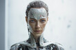 AI humanoid robot portrait, lab environment, synthetic skin, expressive eyes