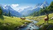 A serene mountain meadow, with grazing deer and a gentle stream meandering through the green grass.