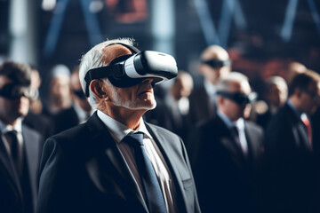 Shareholders wearing VR goggles at meeting