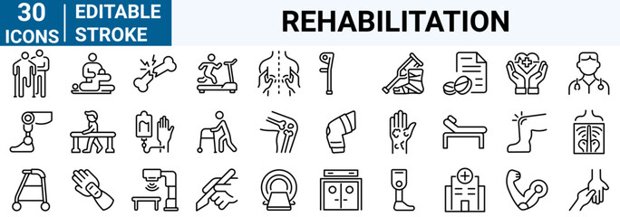  Set of 30 Physiotherapy, rehabilitation icons. Prosthetics Vector Illustration. medicine and health flat design signs and symbols with elements for mobile concepts and web apps.