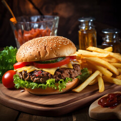 Wall Mural - homemade hamburger sandwich and french fries.