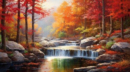 Wall Mural - An immersive view of an autumn forest waterfall, its vibrant waters plunging into a pool surrounded