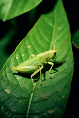 Poster - A grasshopper with legs made of leaves.