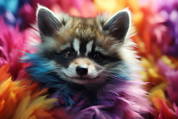 Poster - A raccoon with fur made of rainbows.