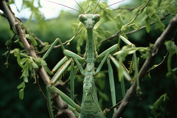 Poster - A praying mantis with arms made of branches.
