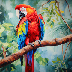 Poster - A vibrant Scarlet Macaw perched on a tree branch, its vivid red, blue, and yellow plumage contrasting against the lush green foliage.
