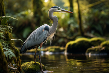 Poster - A graceful Heron standing in a shallow rainforest stream, its long neck elegantly curved as it searches for fish.