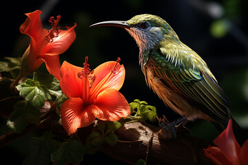 Poster - A Sunbird sipping nectar from a trumpet-shaped flower, its metallic plumage glinting in the dappled sunlight.