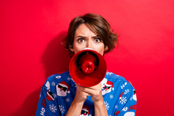 Sticker - Photo of funny young girl screaming megaphone announcement she hate new year parties stop celebrating now isolated on red color background