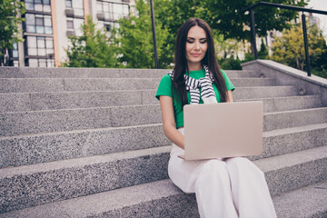 Sticker - Photo of lovely cute woman dressed trendy clothes sitting on stairs in park working in park outside