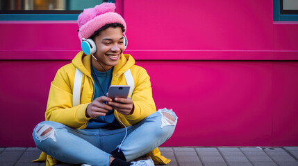 Canvas Print - Joyful young girl with white headphones, with a vibrant wall in the background, enjoying music.