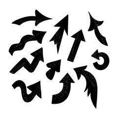 Poster - Grunge textured hand drawn silhouette arrows set. Black signs with scratches on white background. Ideal for social media graphics, design, decoration, pattern
