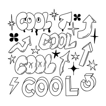 Outline doodle set with 90s style lettering with word Cool, arrows and stars. Black hand drawn signs and words in bubble, street style graffiti. Good for social media, background, post, greeting card.