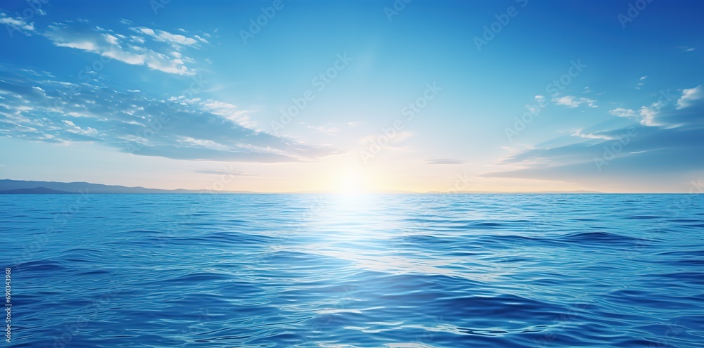 Sunrise and cloudy blue sky over calm sea or ocean, panoramic view of ...