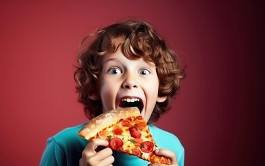 Funny child boy eating slice of pizza