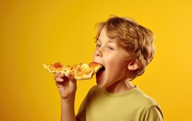 Funny child boy eating slice of pizza