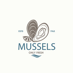 Wall Mural - label of fresh mussel shell isolated on light background