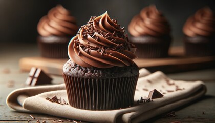 decadent chocolate cupcakes with swirl frosting and sprinkles on rustic table