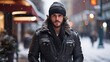 Punk guy in black leather jacket and woolen beanie posing in the winter snowy city streets.
