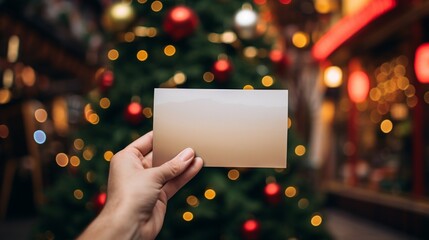 Wall Mural - First person view photo of hands holding a blank Christmas greeting card on shiny Christmas tree outdoor street background, mock up with copy space.