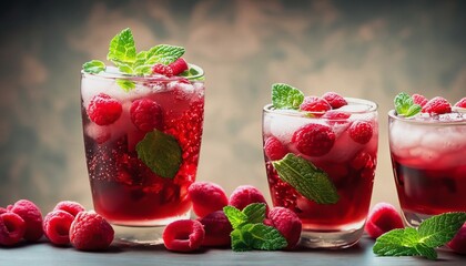 Wall Mural - drink water with raspberries and mint and ice suitable as background or banner