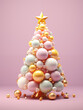 Christmas tree with balls and colourful bubbles. Realistic 3d rendering in cartoon style 