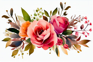 Wall Mural - Watercolor painting of pink roses and green leaves on white background.