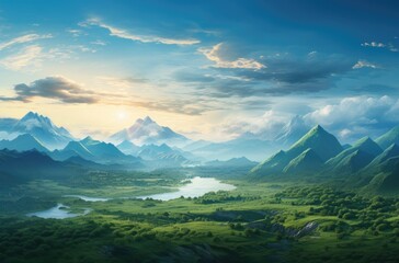 Wall Mural - a beautiful view of mountains and sunlight at sunset