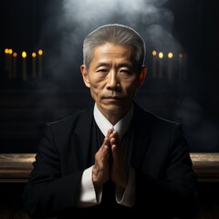 a man in a suit with his hands together in front of a lit up candle