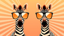 A Pair Of Zebras Wearing Sunglasses On A Sunny Day. Monochrome Peach Fuzz Background.