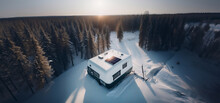 Trailer Outdoors In Winter In The Forest With A Solar Panel On The Roof. The Concept Of Life Outside Civilization