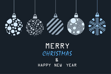 Merry Christmas modern card banner with hanging ball decorations. Merry Christmas and happy new year. Greeting text vector illustration