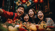 portrait of happy young asian friends celebrating chinese new year. ai generative