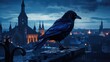 A raven perches on a ledge, observing a cityscape below.