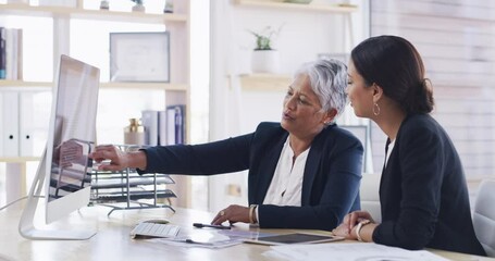 Aufkleber - Advice, training and manager with woman at computer for teaching, onboarding or help in admin office. Support, review and mentor at desk with employee for online project, coaching and human resources