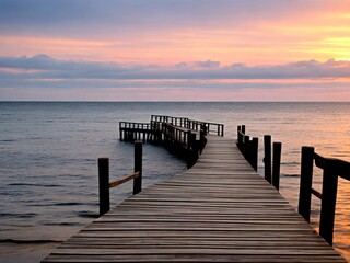  Wooden pier on the beach at beautiful sunset in the evening