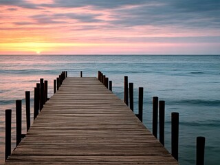  Wooden pier on the beach at beautiful sunset in the evening